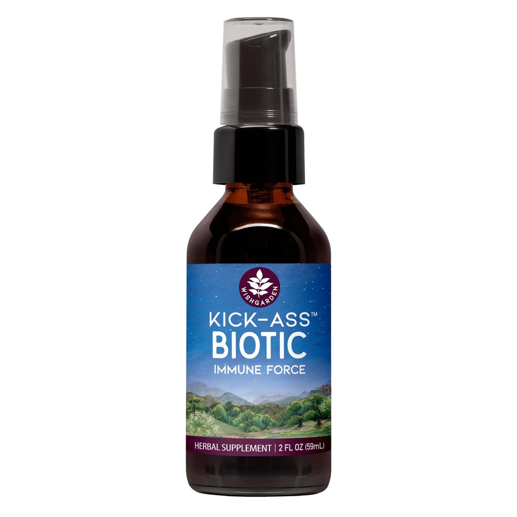 WishGarden Herbs Kick- Ass Biotic Immune Hero - Plant- Herbal Herbal Biotic Formula z Usnea Lichen, Chmiel, Echinacea & Goldenseal, Wspomaga zdrowe immunologiczne, układu oddechowego i Lymph funkcji, 2oz