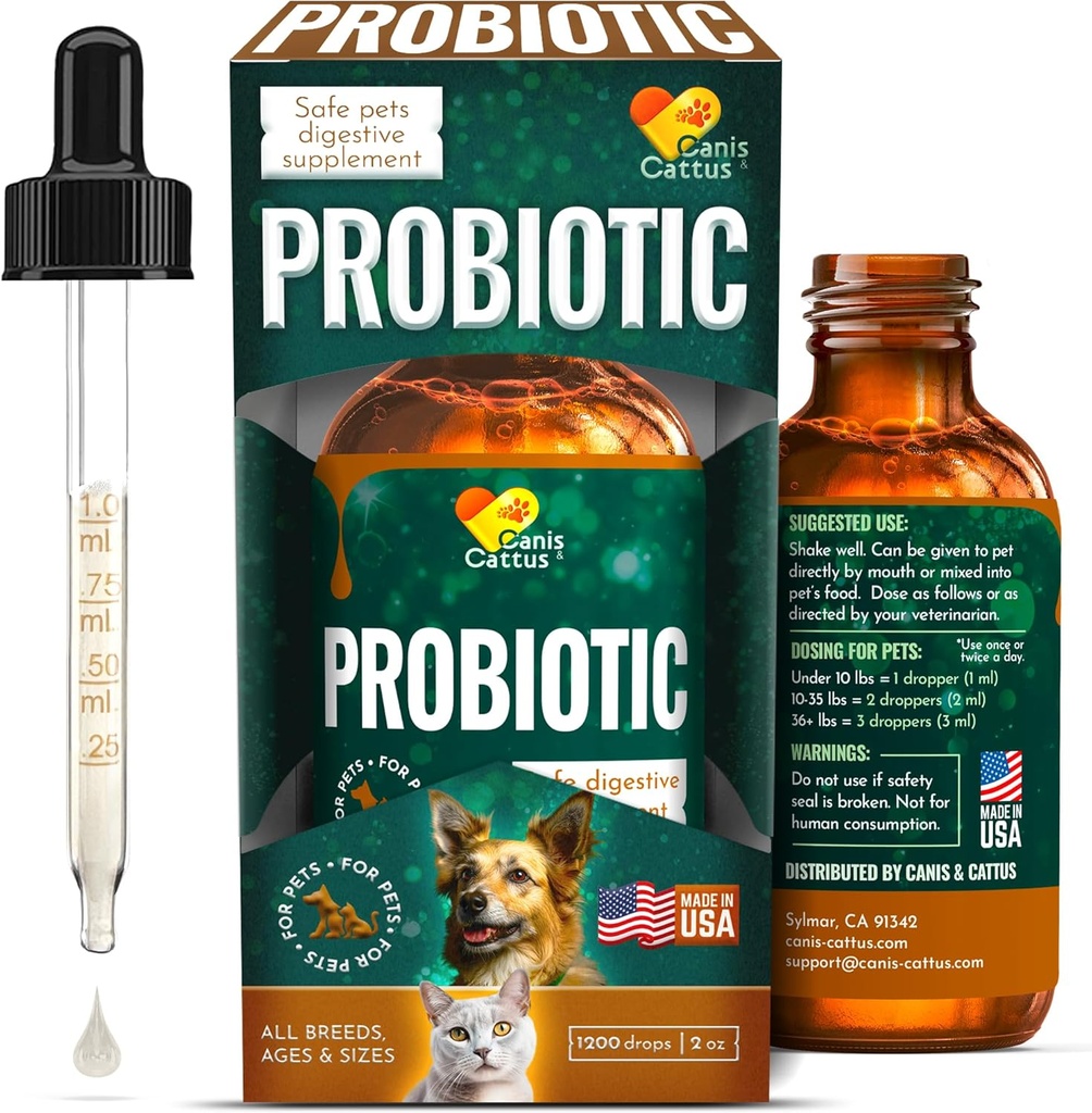 Probiotyki Canis & Cattus dla kotów - Probiotyki płynnych kotów z Digestive Enzymes for Gas, Bloating, Biegunka & Upset Stomach - Easy- Mix Drops - 2 oz