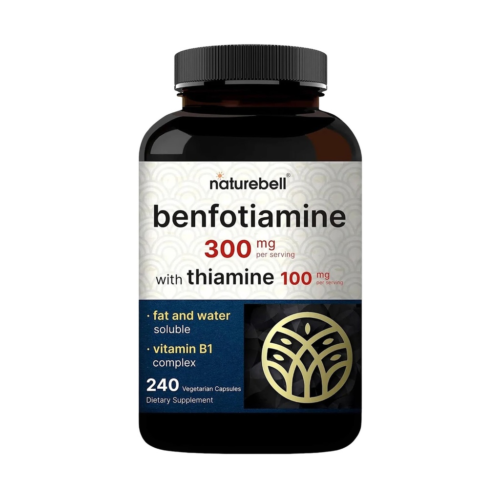 NatureBell Benfotiamina 300mg z tiaminą 100mg Per Serving Agregat 124; 240 Kapsułki wegetariańskie - Witamina Esencjalna B1 Benfotiamina Suplement - Wegetariański Przyjazny