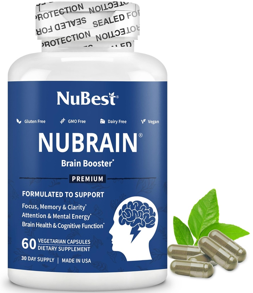 NuBrain Booster - Suplement mózgu do Booster mózgu, Pamięć, Focus & Clarity Support with St. John 's Wort, Ginkgo Biloba, Bacopa & More - 60 Vegan kapsułki 124; 1 Miesiąc dostaw