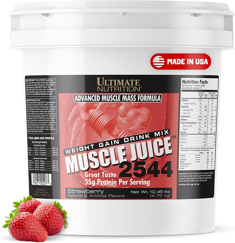 Ultimate Nutrition Muscle Juice, Weight Gain Drink Mix - Mass Gainer Workout Proszek dla mężczyzn i kobiet - Suplement do Lean Muscle Growth & Immune Support z 55 g białka - Truskawka, 10.45lb
