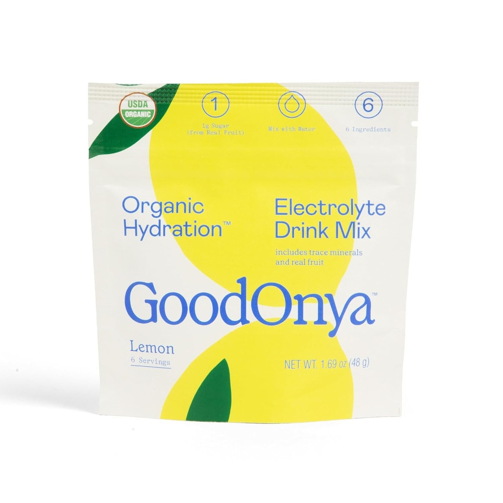 GOODONYA Organic Hydration Electrolyte Drink Mix, Certified Organic Hydration Powder, Nie-GMO, Glifosat biofilizowany wolny, niski cukier, Lemonade Flavor, Brak sztucznych aromatów, 6 Służenie