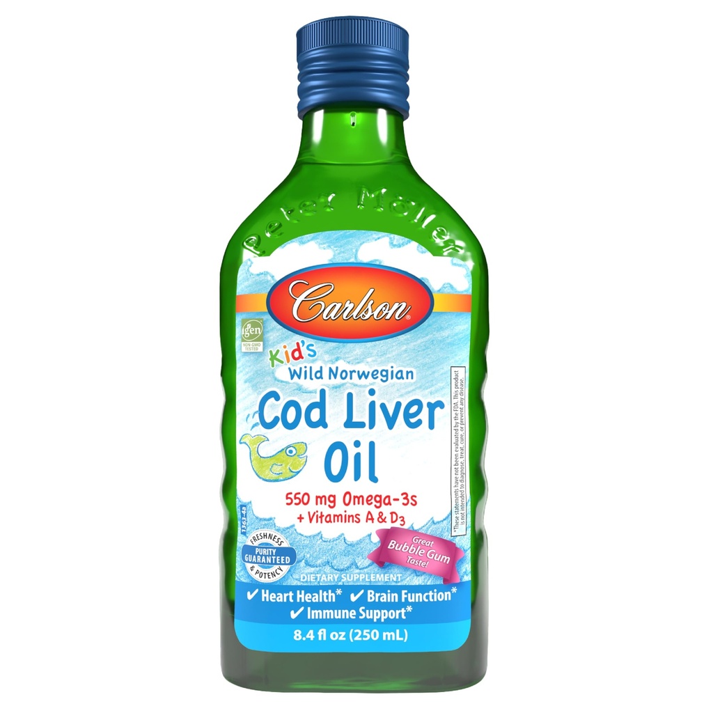 Carlson - olej z wątroby z dorsza, 550 mg Omega- 3, witaminy A & D3, Wild Norwegian, Bubble Gum, 250 ml
