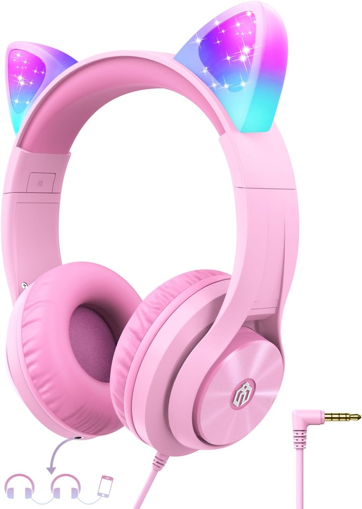 Słuchawki dla dzieci iClever z Cat Ear Led Light Up, Safe Volume Limite, FunShare, Składany, Naduszne słuchawki dla dzieci do szkoły / iPad / Tablet / Travel, Meow Donut- Pink