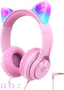 Słuchawki dla dzieci iClever z Cat Ear Led Light Up, Safe Volume Limite, FunShare, Składany, Naduszne słuchawki dla dzieci do szkoły / iPad / Tablet / Travel, Meow Donut- Pink