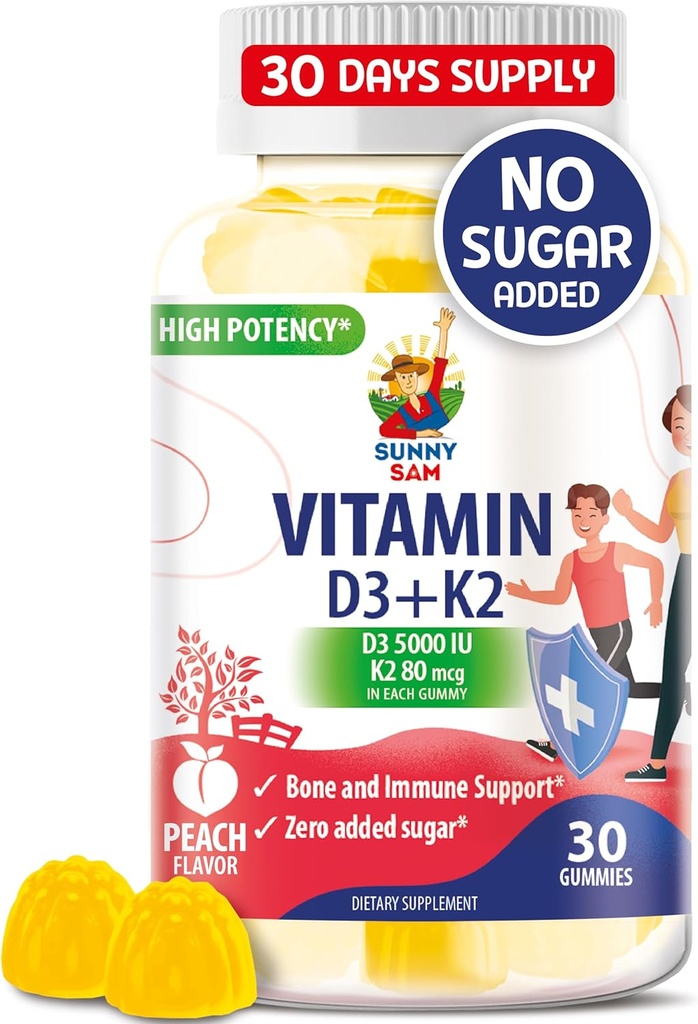 Witamina wolna od cukru D3 K2 Gummies 5000 IU - Gummies immunologiczne i podtrzymujące kości - Suplement Gummy witaminy D dla dorosłych - Wysoka absorpcja, Wegan, Halal, Bezglutenowe witaminy do żucia
