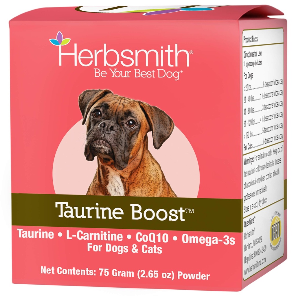 Herbsmith Tauryn Boost - Wsparcie Serca i Serca dla Psów i Koty - Suplement Tauryny dla Zdrowia Psa i Kot - z CoQ10, Tauryna i L- Karnityna dla Psów - 75g