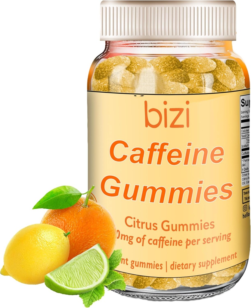 Gummy kofeinowe Bizi dla mężczyzn i kobiet, Suplement do Boost Focus, Gummie kofeinowe dla dorosłych, 30 mg kofeiny na gumę, Flavor Citrus (60 ct)