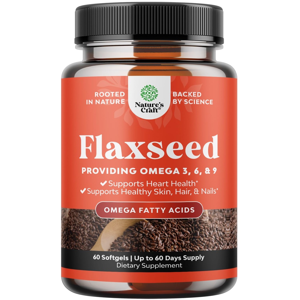 Olej lniany 1000mg Softgels - Wysoka potencja olejek lniany Softgels for Heart Health Trawienie i Wsparcie Mózgu - Cold Pressed Organic Flaxseed Providing Plant Based Omega 3 6 9