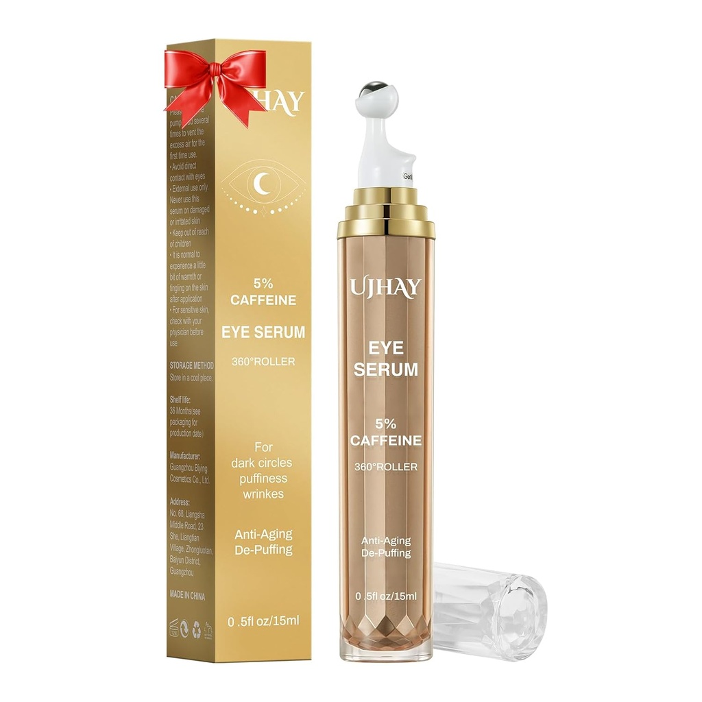 5% kofeina krem do oczu, pod oczami serum dla ciemnych kręgów, pufinezja i zmarszczki Fine Lines, Rolki do oczu Serum z 360 ° Masaż piłkę, Balsam do leczenia oczu dla mężczyzn i kobiet