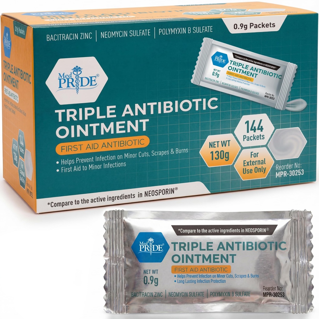 MED PRIDE Triple Antibiotic Ointment Pakiety luzem 144 X 0.9g, Indywidualne pakiety antybiotyczne Ointment for Burns, cięcia, Opieka nad ranami