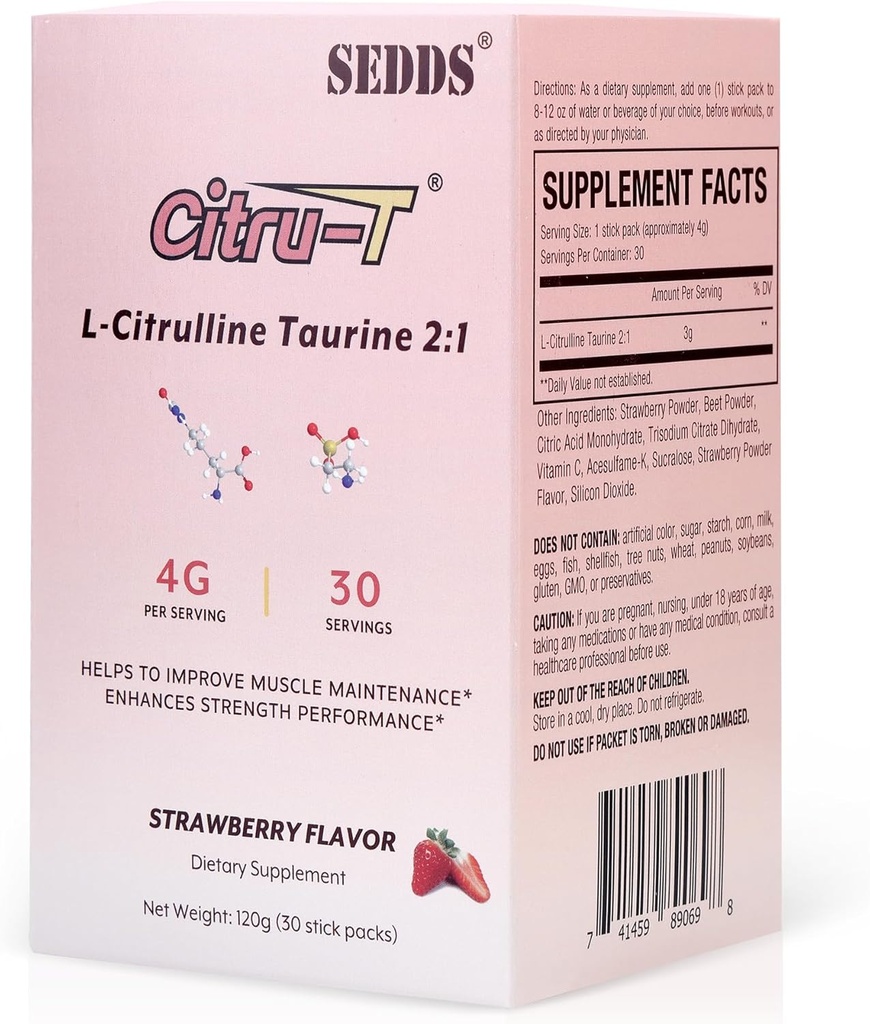 L-Cytrulina Tauryna 2: 1, Truskawkowo-aromatyczna L Cytrulina Proszek Cytrulina Suplementy, Wegański Tauryna Proszek, Kofeina wolna, Gluten wolny, 30 Opakowanie