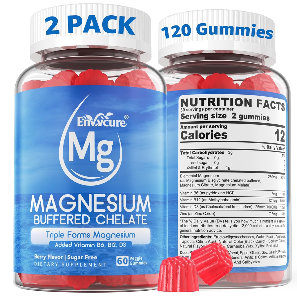 Magnezu Gummies - Triple Magnezu Complex, Magnezu Gummies Birmingham 124; Magnezu Glucynian, Malate, Cytrynian w / D3 B6 B12, do uspokajania, Sleep & Muscle Cramp