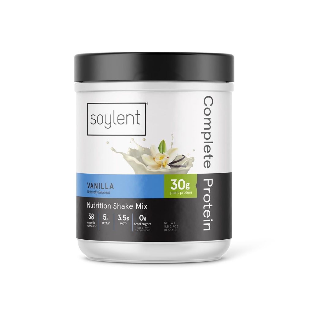 Soylent Complete Protein Powder, Vanilla, 30g Protein Shake for Muscle Growth and Recovery, BCAAs, DHA, MCT, 28 vitamins & minerals, Zero Sugar, Gluten Free, Vegan - 1.25lb