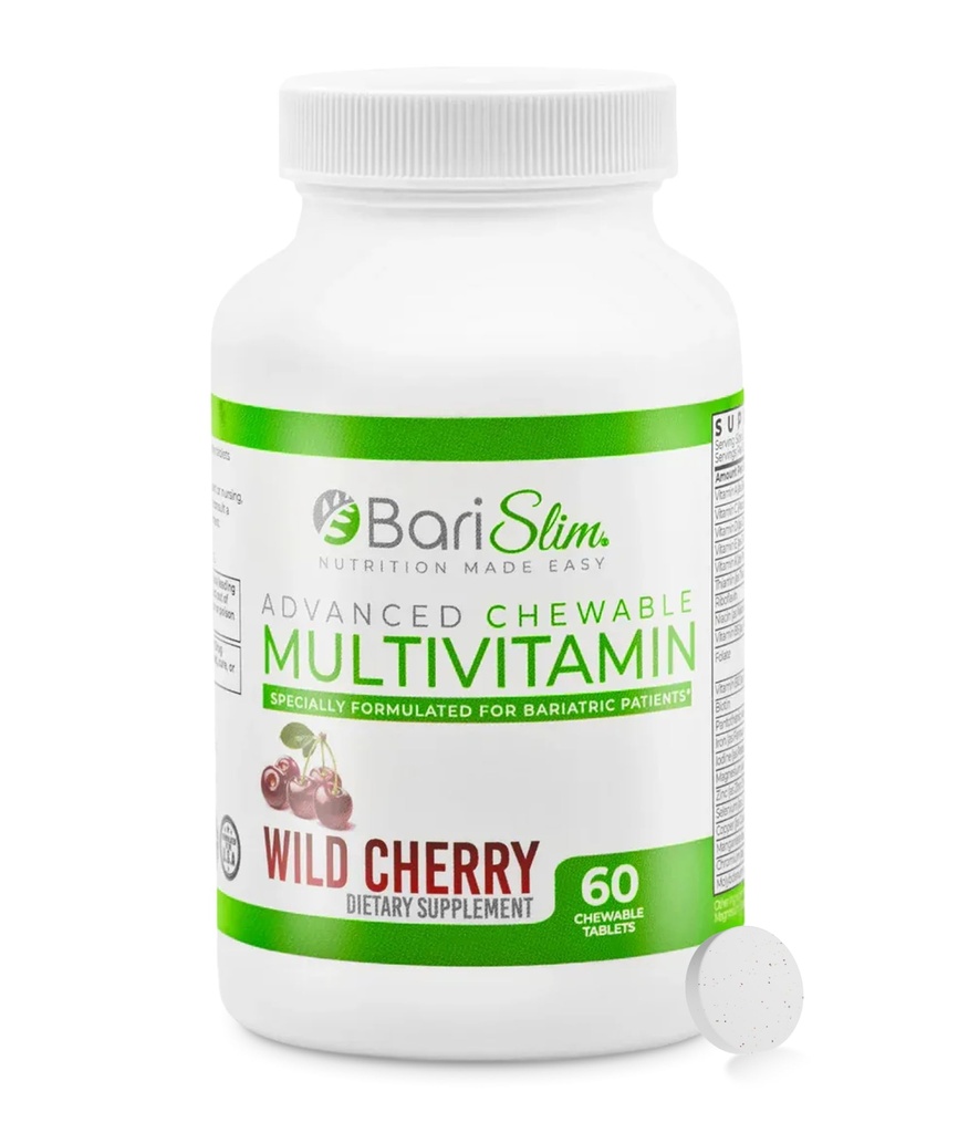 BariSlim Advanced Chewable Bariatric Multivitamin Tablets - Witamina bariatryczna i suplement do chirurgii pobariatrycznej, w tym obejście gastryczne i musowanie gastryczne 124; Wiśnia dzika (60 hrabiego)
