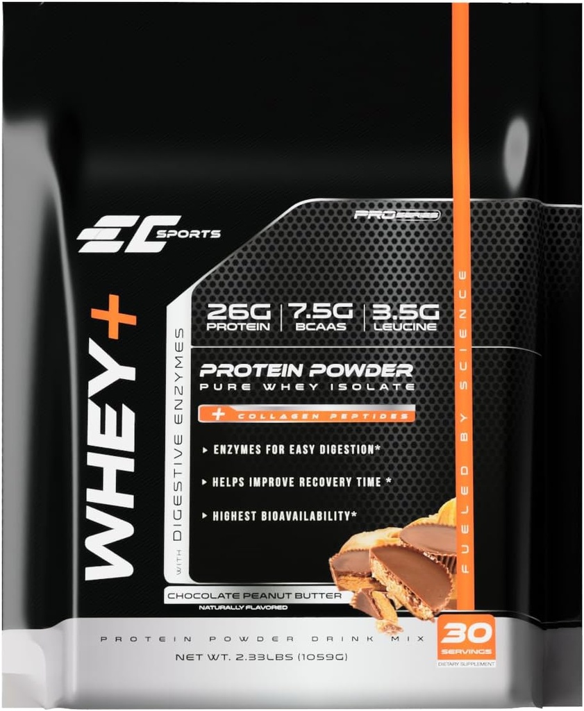 EC Sports Whey+ Protein Powder, Chocolate Peanut Butter Mix w/Digestive Enzymes - Isolate Supplement, Collagen Peptides w/Swift Reform - 30 Servings
