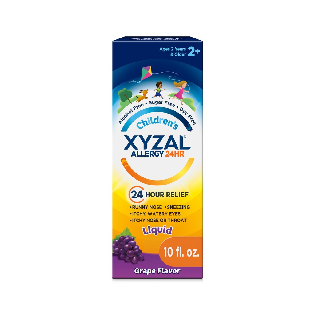 Xyzal Dzieci 24-godzinny lek na alergię dla dzieci, lewocetyryzyna dichlorowodorek płynny antyhistamina, Grape, 10 Fl. oz.