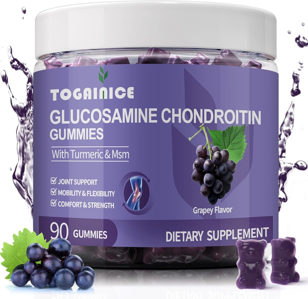 Glukozamina Chondroitin Gumies Sugar Free, dodatkowa siła 1500mg Glukozamina z MSM & Turmeric, Joint Support Gumies Supplements for Men & Women, for Joint Flexibility & Bone Health, 90 Count V01