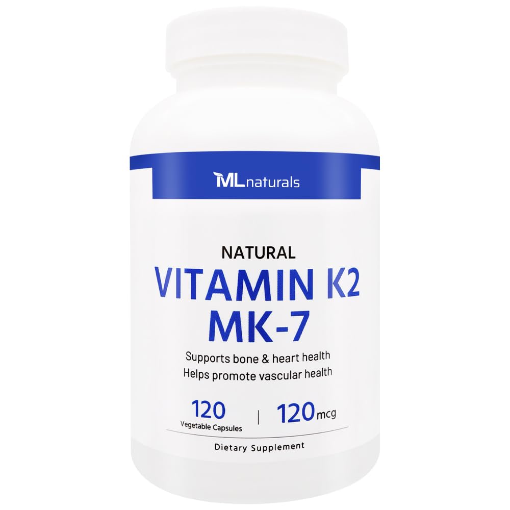 ML Naturals Natural Witamina K2 MK- 7 120 µg 120 Kapsułki roślinne. Naturalne MK- 7 / 99% All- Trans MK- 7. Wspiera Bone & Heart Health, Pomaga promować zdrowie naczyniowe, NSF- Certified & cGMP- Compliant.