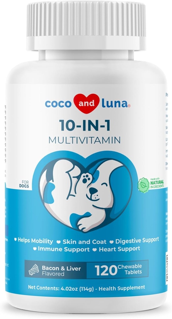 10 w 1 Multiwitamina dla psów - 120 tabletek do rozgryzania i żucia z glukozaminą i Chondroityną - Olej rybny i witaminy z Coq10 dla zdrowia skóry i serca, Gut i immunologicznego
