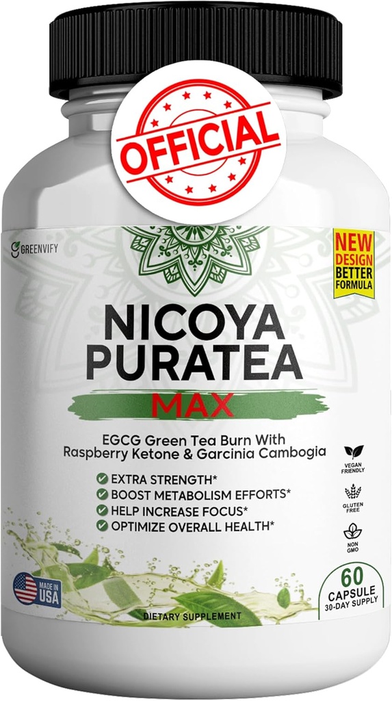 Nicoya PuraTea Max Green Tea Extract & Zielona Fasola kawa dla wsparcia metabolizmu, Natural Energy Boost, Antyoksydant- bogaty suplement - 60 Kapsułki