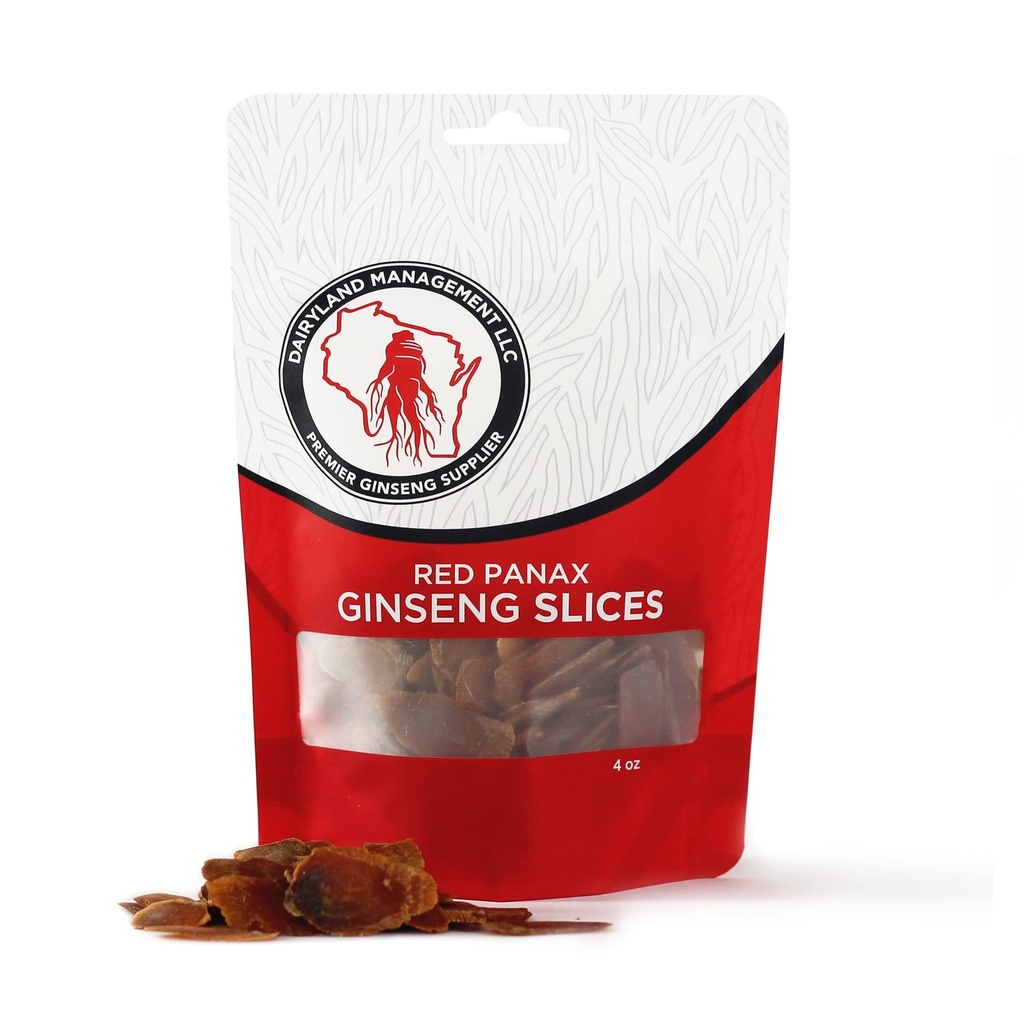 Dairyland Management LLC Red Panax Ginseng Slices - 4 oz Pack Koreański Panax Ginseng Slices - Non-GMO, Gluten Free Red Ginseng Root Slices - Użyj tego ziołowego suplementu w Zupie, Herbata, Congee