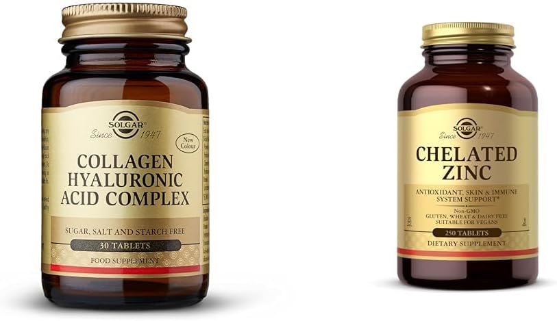 SOLGAR Kolagen Hyaluronic Acid Complex, 30 tabletek - Zhydrolizowany Kolagen typu 2 - Pomaga i Chelated Cynk, 250 tabletek - Cynk dla zdrowej skóry - Wspiera wzrost komórek i tworzenie DNA