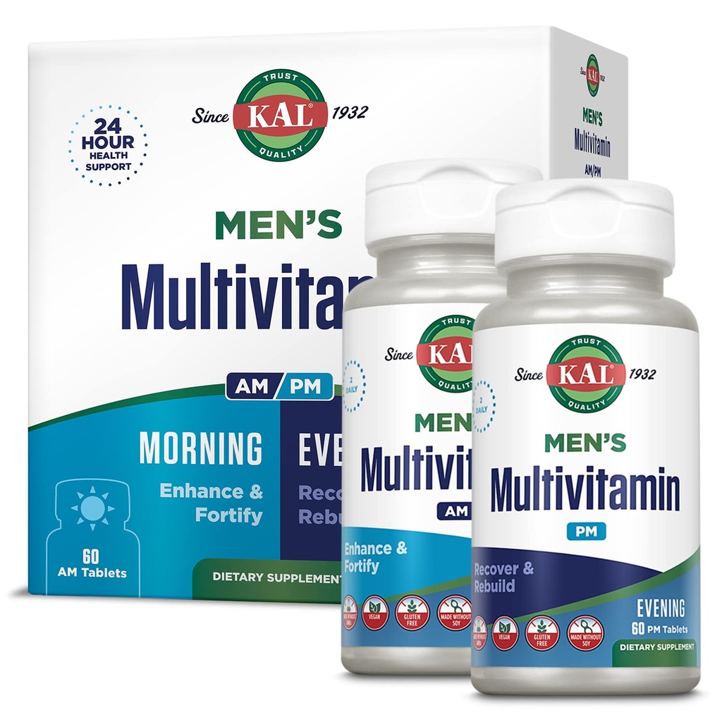 KAL Men 's Multivitamin AM / PM, suplement przeciwutleniaczy, mięśnie, immunologiczne, równowagi elektrolitowej, ogólne wsparcie Wellness, Made Without GMO i Soy, Wegan, 30 Słupki, 120 Tabletki