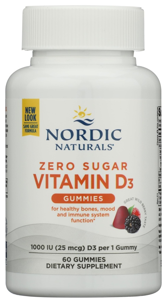 Nordic Naturals Zero Sugar Witamina D3 Gummies, Wild Berry - 60 Gummies - 1000 IU Witamina D3 - Wielki smak - Zdrowe kości, Mood & Immune System Function - Non-GMO - 60 Służenie