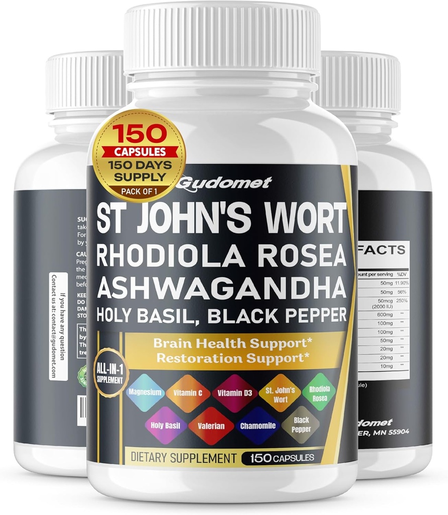 Dziurawiec św. Jana Rhodiola Rosea Ashwagandha Święty Basil Valerian Rumianek Czarny Pieprz -150 Capsules - Made in USA