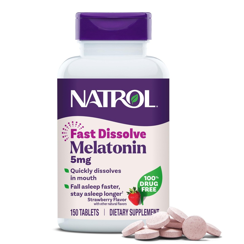 Natrol Melatonina 5 mg szybko rozpuszczalne tabletki, suplementy wsparcia snu dla dorosłych, Strawberry Flavor, 150 tabletek, Aż do 150 Day Supply