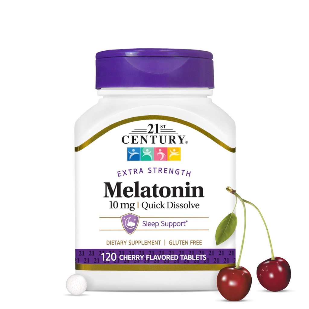 21. Century Melatonina 10mg Dodatkowa Siła, 120 Hrabia, Szybkie rozpuszczanie Sleep Pomoc dla dorosłych, Promotes Relaxation and Restful Sleep, Non-Habit Forming, Gluten- Free, Cherry Flavor