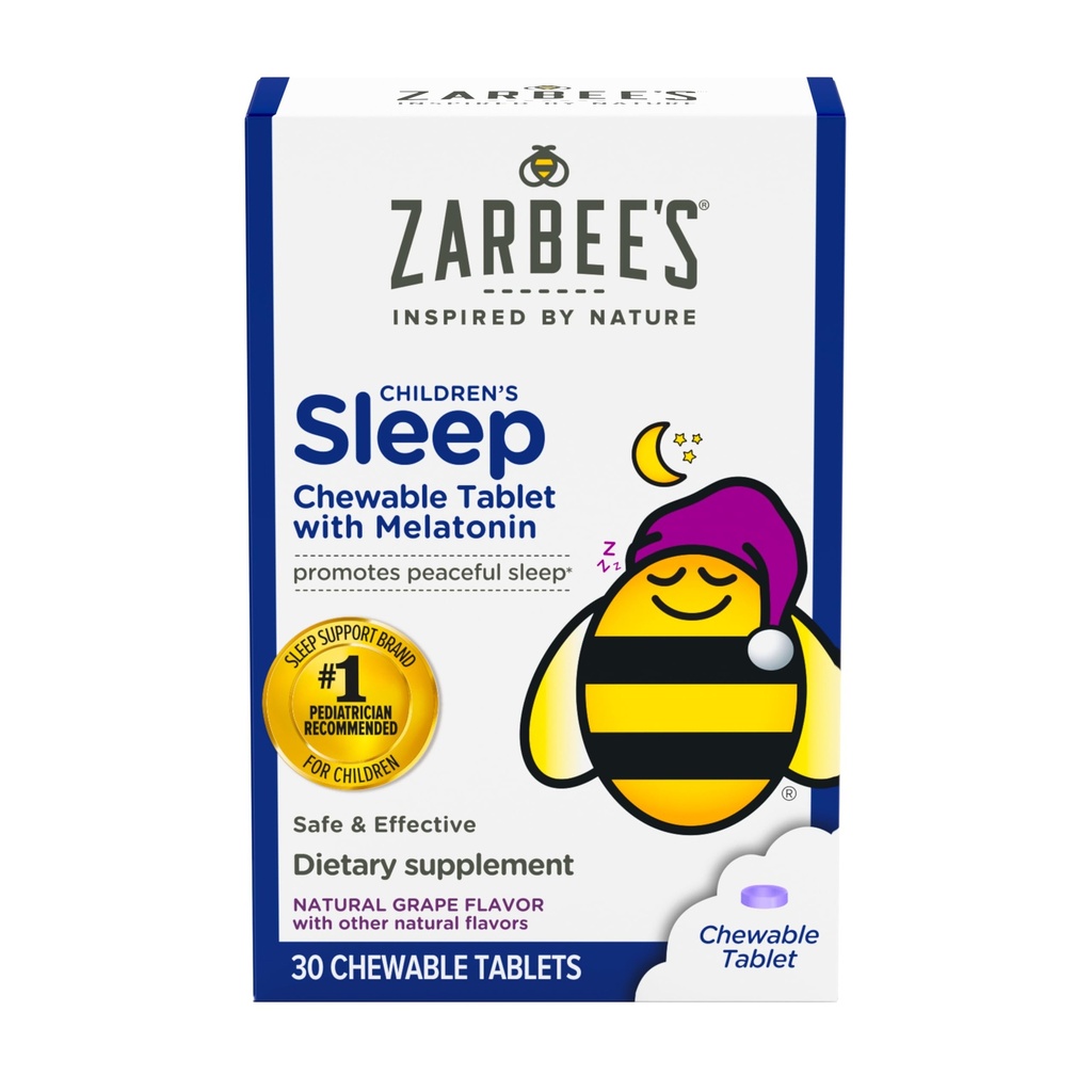 Dzieci Zarbee 1mg Melatonina do żucia Tablet, Beznarkotykowy i skuteczny suplement do snu, Łatwe do podjęcia naturalnych tabletek aromatu winogronowego dla dzieci w wieku 3 lat i w górę, 30