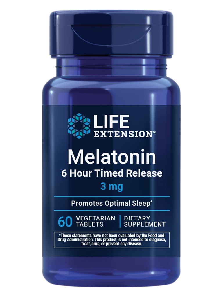 Przedłużenie życia Melatonina 6 Godzina Wyznaczone Release, 3 mg, Extended- Release Formuła dla optymalnego wsparcia snu, Zdrowe krąg rytmy, Cellular Defense, Gluten- Free, Non-GMO, Wegetarianin, 60 Tabletki