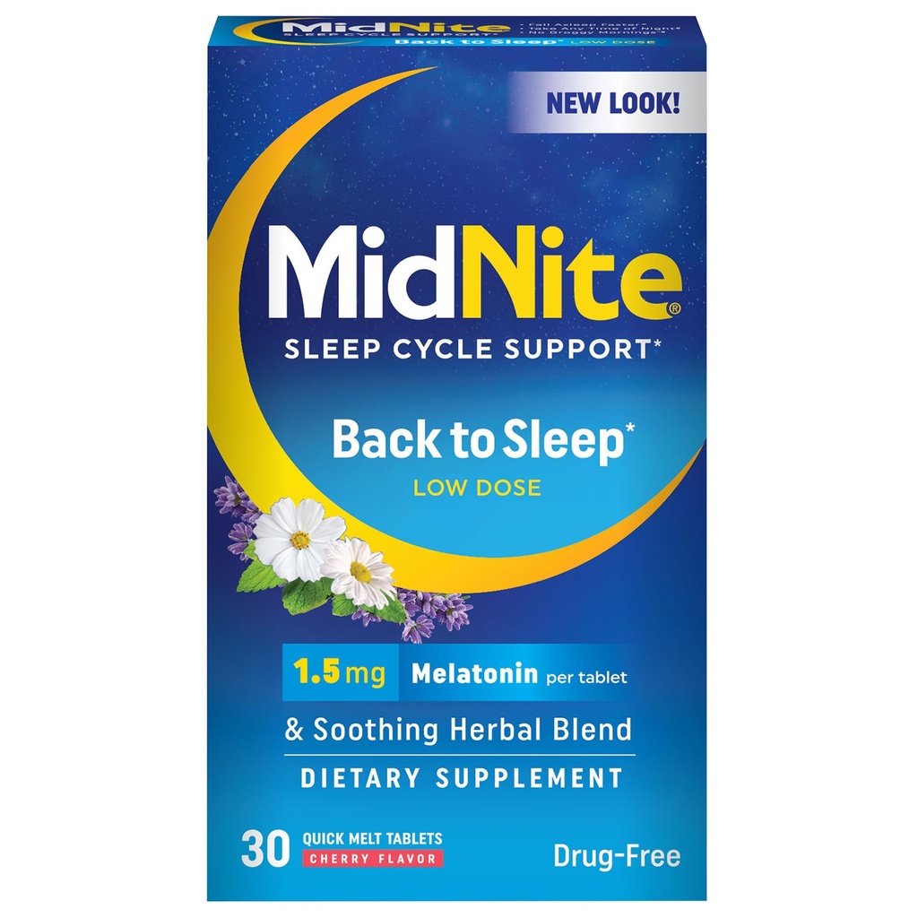 MidNite Powrót do snu Niska dawka, 1,5 mg Melatonina Sleep Assistance, Non-Habit Forming, Ziołowy suplement diety dla dorosłych, Bez narkotyków, Bez glutenu, Bezmleczny, Wegański, 30 Szybkie tabletki topniejące
