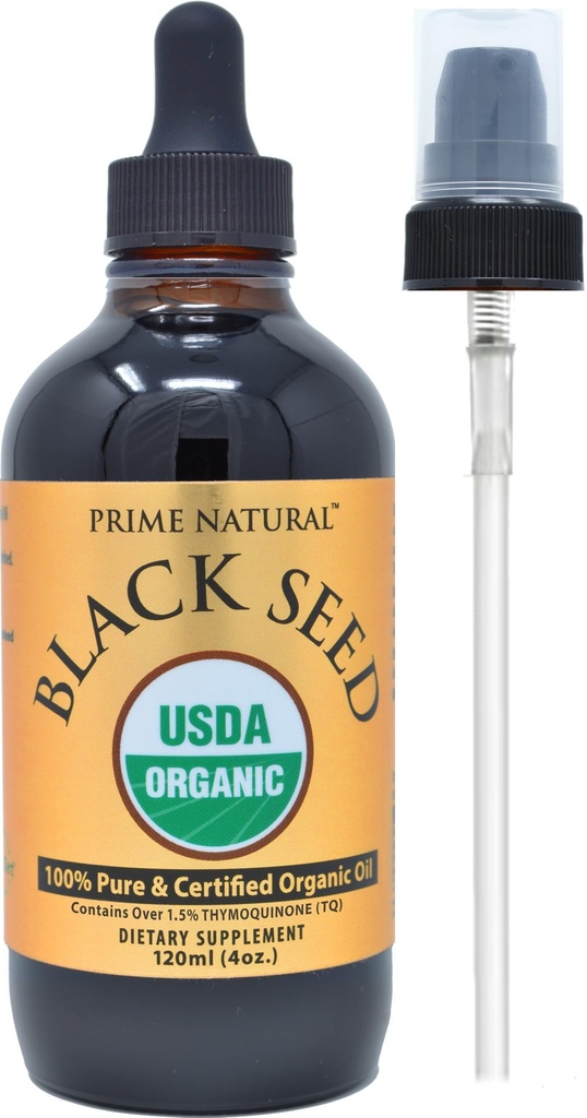 Prime Natural Organic Black Seed Oil 4oz - Cold Pressed Unreformed High Thymoquinone 1.7% USDA Certified - Turkish Origin Potent Nigella Sativa Liquid - Vegan Omega 3 6 9, Przeciwutleniacz