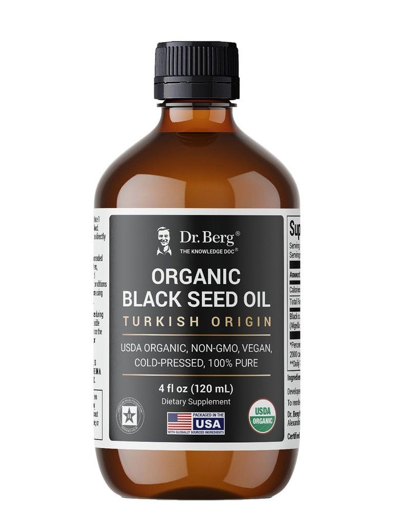 Dr. Berg Black Seed Oil Organic Cold Pressed - Czysty Nigella Sativa Black Cumin Oil - USDA Organic, Halal, Wegan - do włosów, skóry, immunologiczne wsparcie - Nierafinowany Płyn - 4 oz Butelka szklana