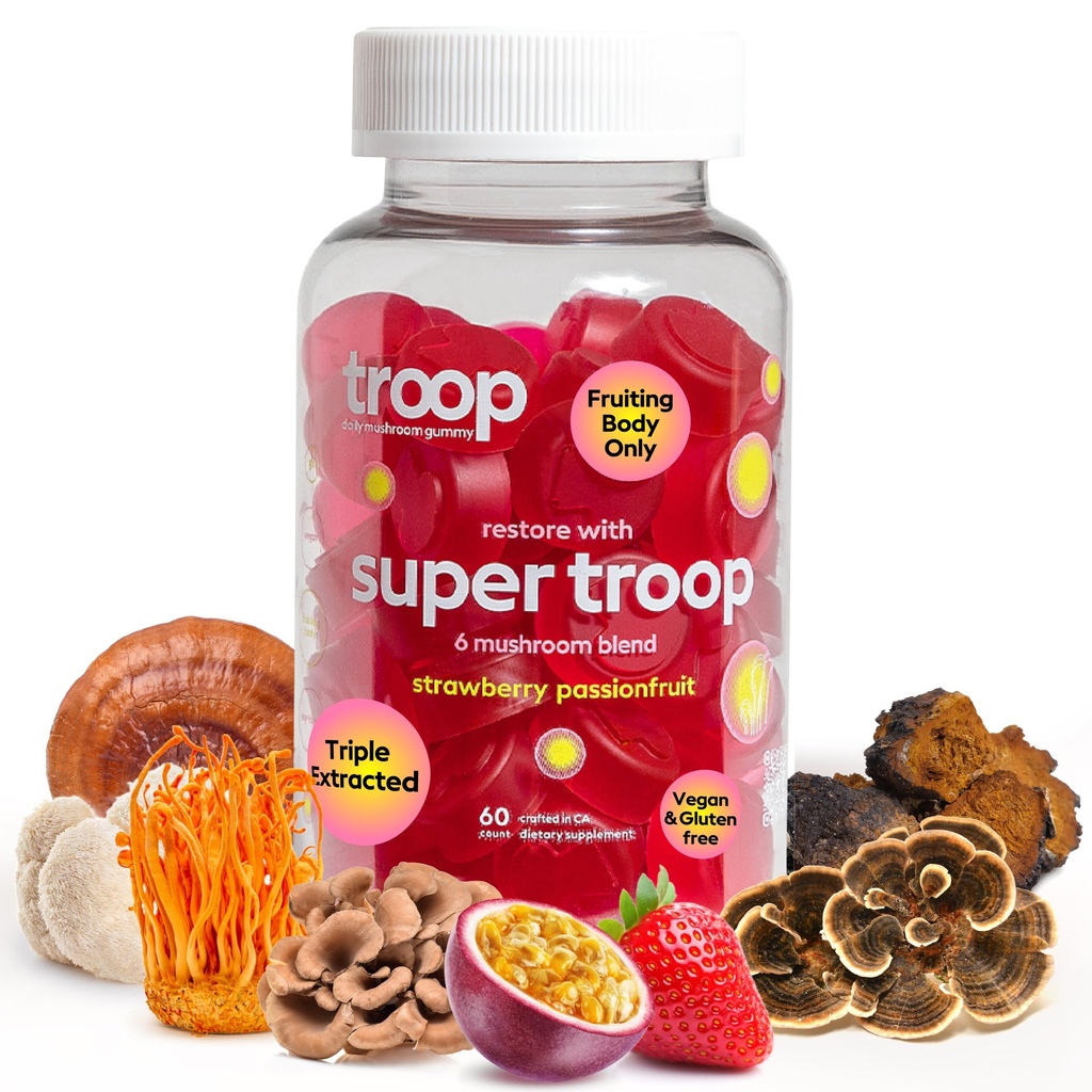 Troop Super 6 Gummies Grzyb - Immunitet, Energia i Boost nastrojów - Triple-Exceited Fruiting Body - Wegan, 60 Hrabia