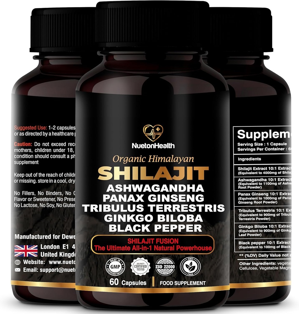 Himalayan Shilajit Kapsułki z Ashwagandha, Ginseng, Tribulus, Ginkgo & Black Pepper - Wegan, Bezglutenowy mieszanka botaniczna do codziennego Wellness & Vitality - 60 Kapsułki