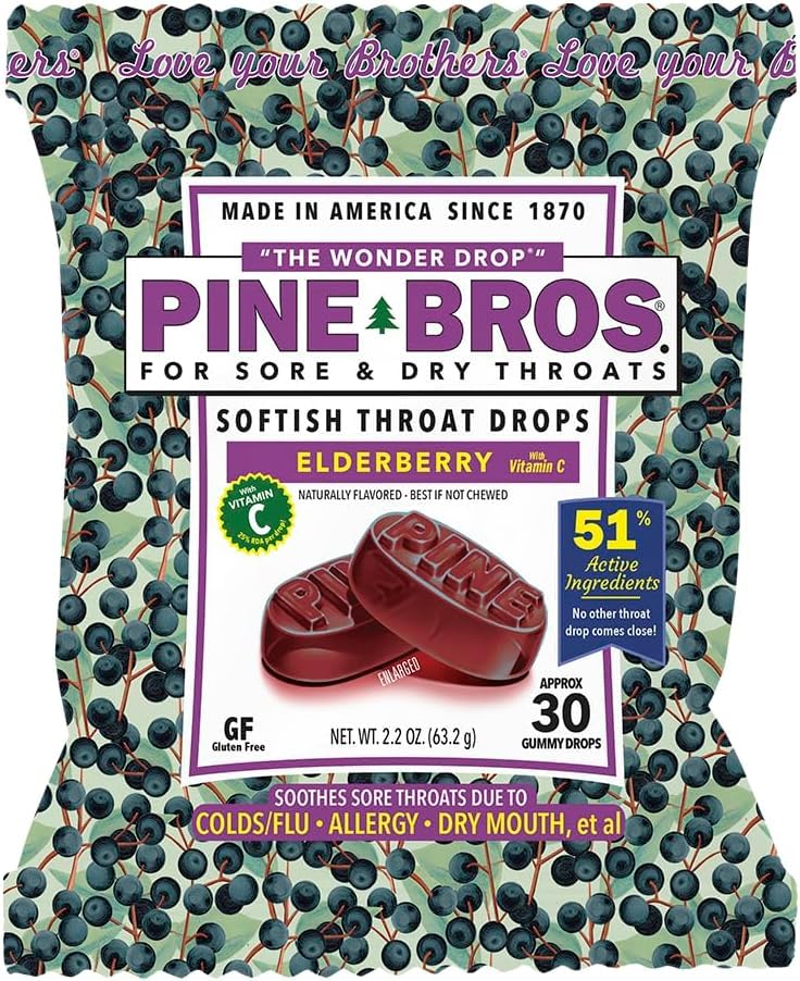 Pine Bros. Gummy Sore Throat Softish Drops 30 Count (approx) (Opakowanie po 1, Elderberry)