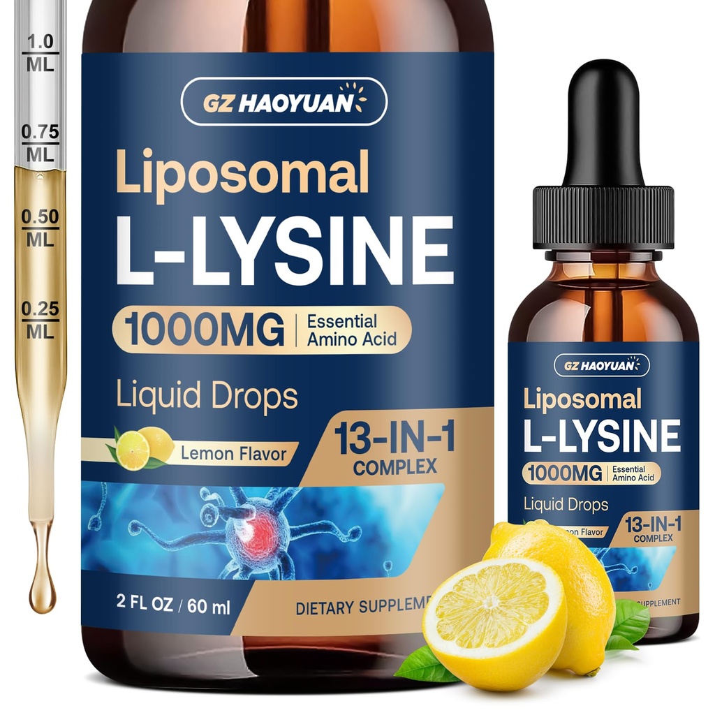 Liposomal L-lysine 1000MG Liquid Drops, 13-in-1 Lysine Supplements – Monolaurin, Olive Leaf Extract with Vitamin C, B6, D3, B12 & Zinc for Collagen, Lip, skin & Immune Support for Kids & Adults, 2oz