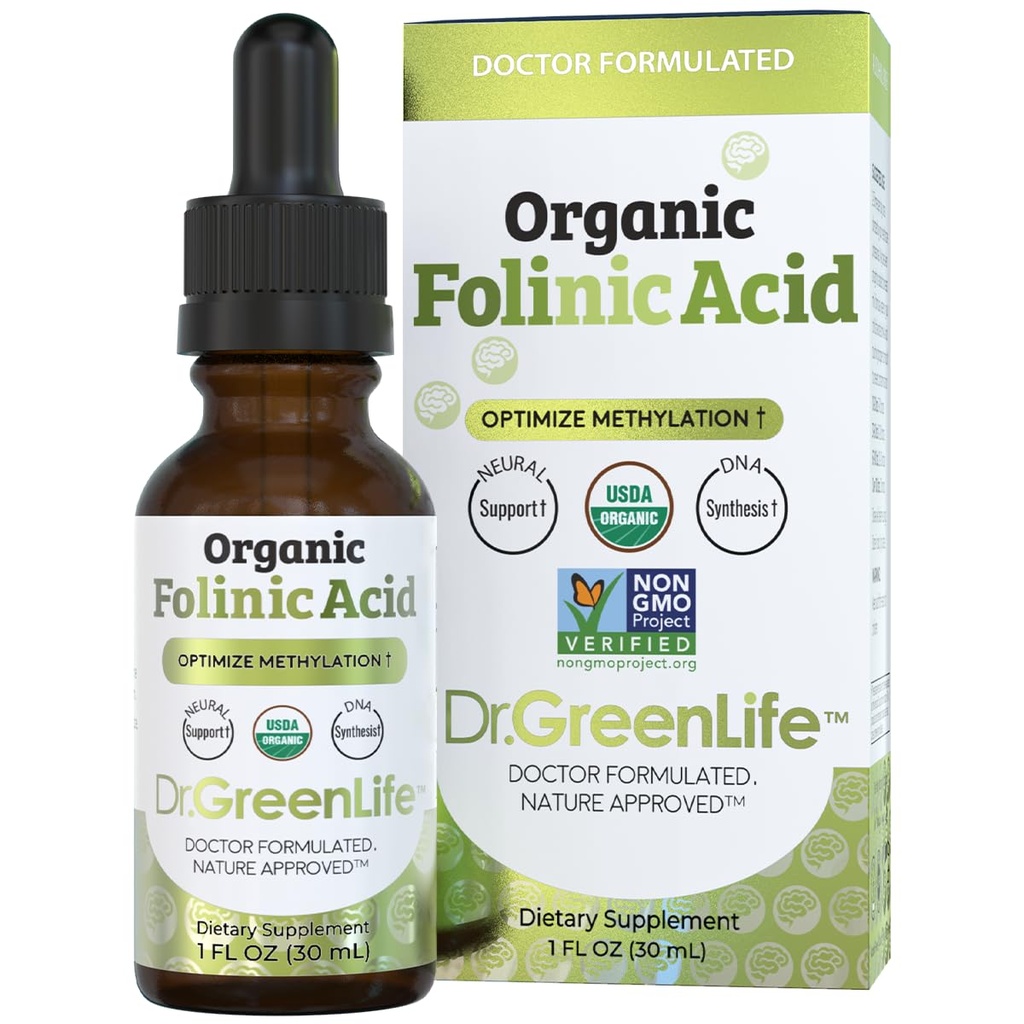 Dr Green Mama USDA Organic Felinic Acid Drops - 500 µg na kroplę 124; Metylation Support B9 Suplementy dla dzieci i dorosłych 124; Wsparcie funkcji neurologicznych, System nerwowy Zdrowie i synteza DNA