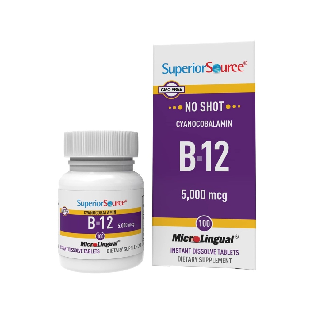 Superior Source No Shot Witamina B- 12 Cyanokobalamina 5000 µg - Witamina B- 12 do wspierania produkcji energii, Zdrowie mózgu i ogólne Wellness - Tabletki podjęzykowe - 100 Rozpuszczalne tabletki