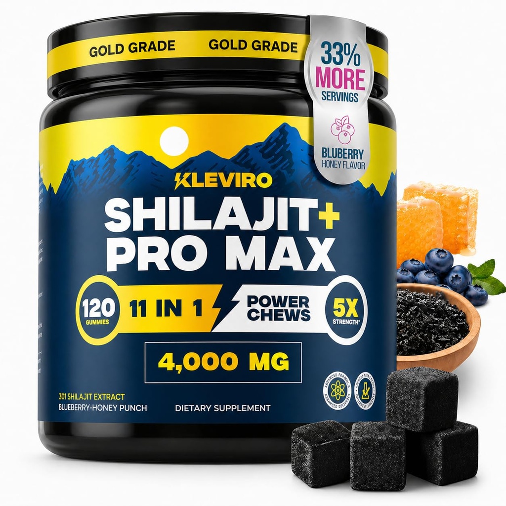 KLEVIRO 30: 1 Gummie Shilajit dla mężczyzn 124; 78% Kwas Fulvic 124; 11- in-1 Kompleks z Ashwagandha, Tongkat Ali, Miód Manuka, Rhodiola, Mania Lwa 124; No Added Sugar Sugar 124; GMP Certified & Lab Tested