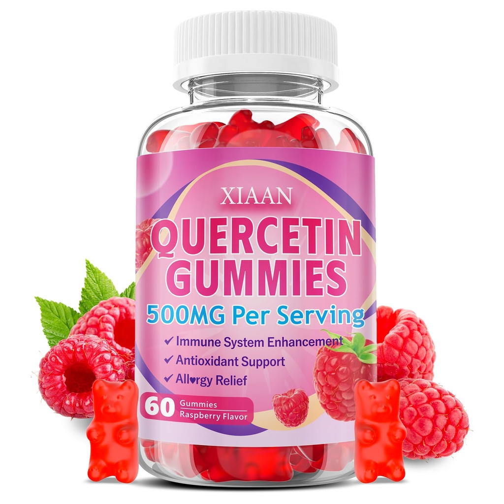 Quercetin Gummies 500mg dla dzieci i dorosłych, Organic Quercetin Suplementy z Bromelain Cynk Witamina C i D3 Wsparcie przeciwutleniacza i układu immunologicznego Zdrowie, Malina Flavor 60 Count