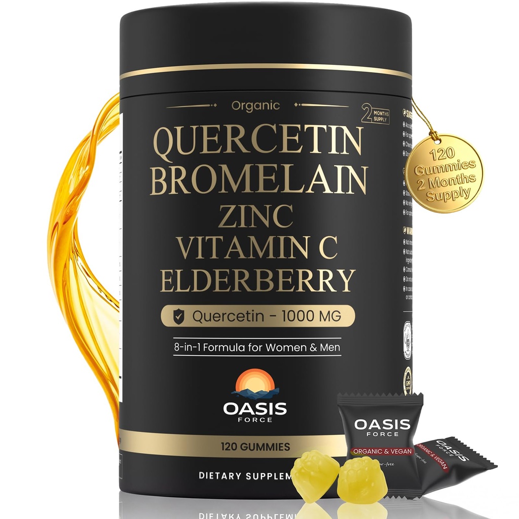 8- in-1 Quercetin z Bromelain Gummies 1000mg, Wysokiej mocy Organic Quercetin Suplement z cynku i witaminy C, Elderberry, Sezonowe Wellness & Wsparcie immunologiczne, Wegan, Cukier wolny, 120 Gummies
