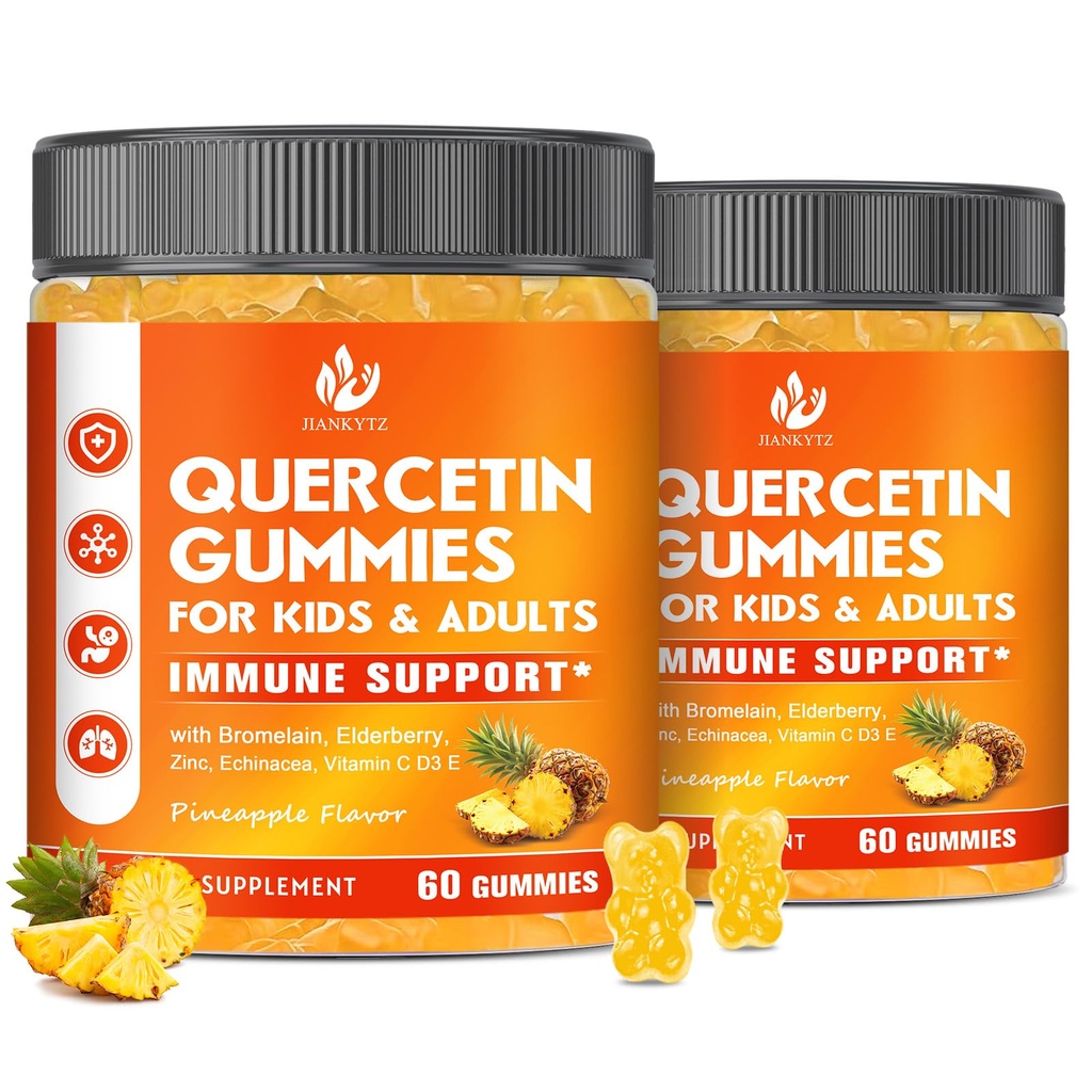 (2 opakowanie) Quercetin bezcukrowy z gumkami bromelainowymi dla dzieci i dorosłych - immunologiczne, przeciwutleniacze, wsparcie sezonowe, 1000mg Quercetin Suplementy z bromelainem, cynk, Elderberry, Witamina C D3 E, 120