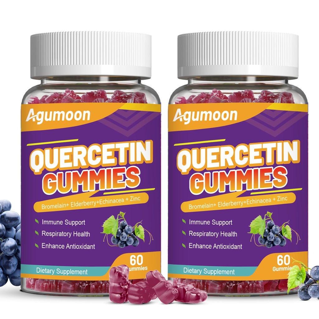 2 Pack Gumiaki Quercetin, 1000mg Quercetin z Bromelain Cynk Elderberry, Wsparcie immunologiczne i przeciwutleniające, Gumiaki wegańskie dla dorosłych i dzieci, 120 Hrabia