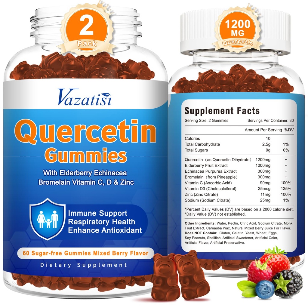 2 Opakowanie Quercetin z gumkami bromelainowymi, Quercetin z witaminą C Cynk & Elderberry dla układu immunologicznego i alergii, Gummele do żucia i Wegan, Mieszany Berry Flavor 120 Cts