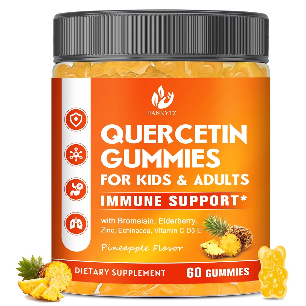 Quercetin bez cukru z gumkami Bromelain dla dzieci i dorosłych - immunologiczne, przeciwutleniacz, Sezonowe wsparcie, 1000mg Quercetin Suplementy z Bromelain, Cynk, Elderberry, Witamina C D3 E, Wegan, 60 Hrabia